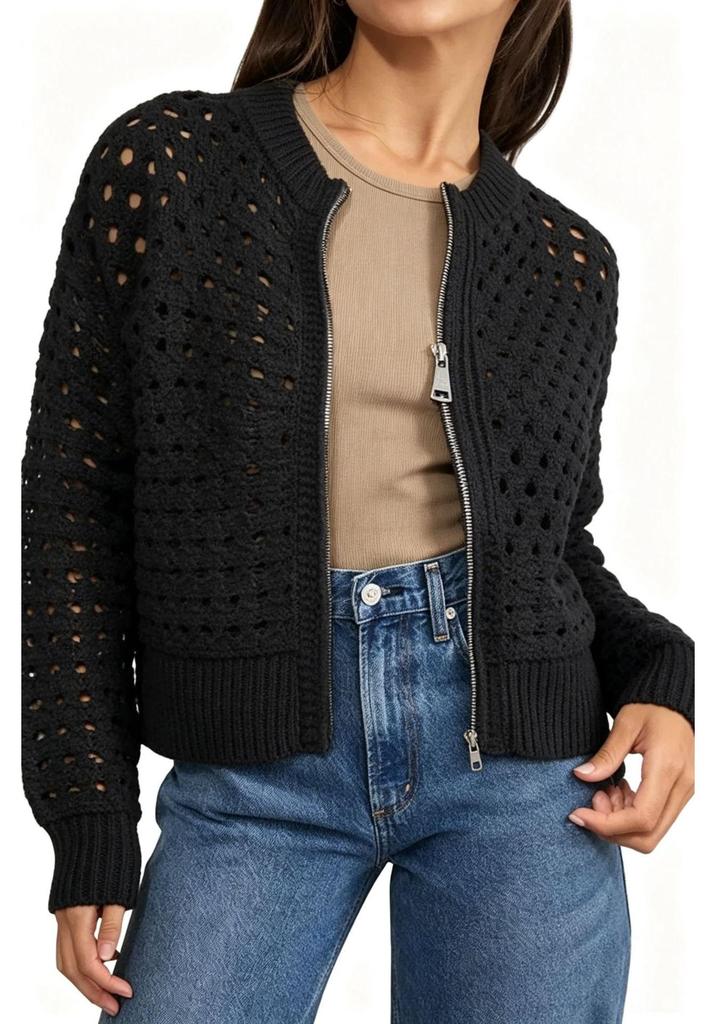 European American Fashion Summer Women's Hollow-Out Zipper Sweater Jacket - Comfortable, Trendy & Versatile for Commuting