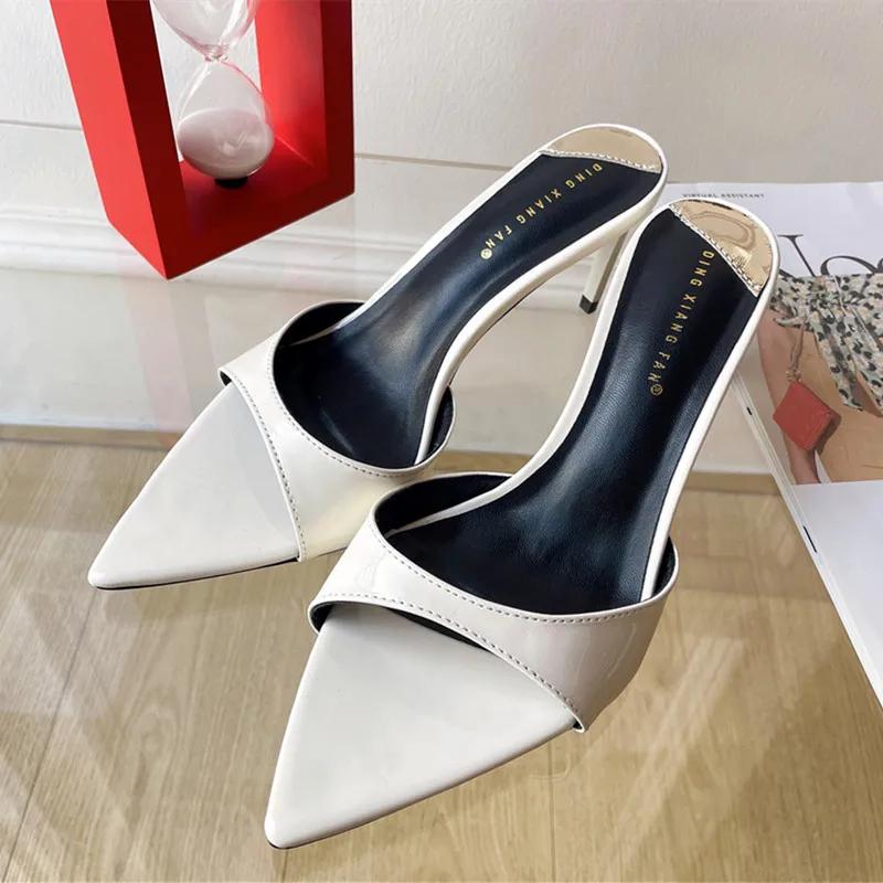 Fashion High Quality Patent Leather Slippers Women Sexy Pointed Toe Slides Sandals Elegant Thin High Heels Party Dress Designer Shoes