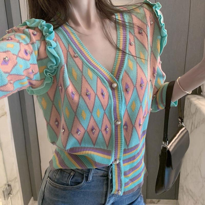 Spring Autumn Women V-neck Casual Beading Plaid Single Breasted Knitted Sweater Cardigan Top