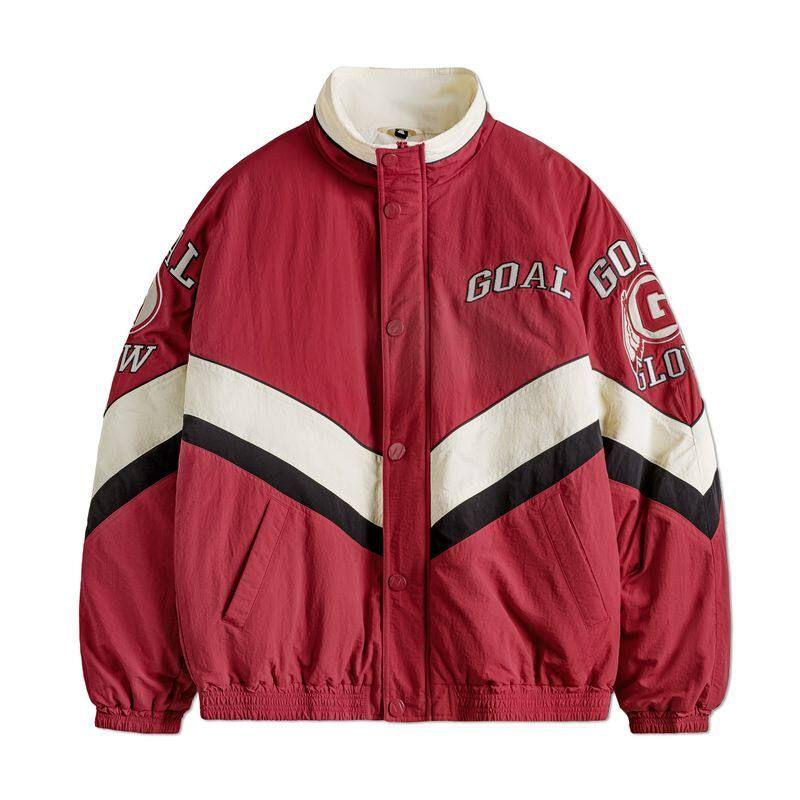 

Madden Workwear American Retro Patchwork Color-Block Racing Jacket Red Lapel Thickened Warm Cotton Coat Men s Winter Dark Red X L
