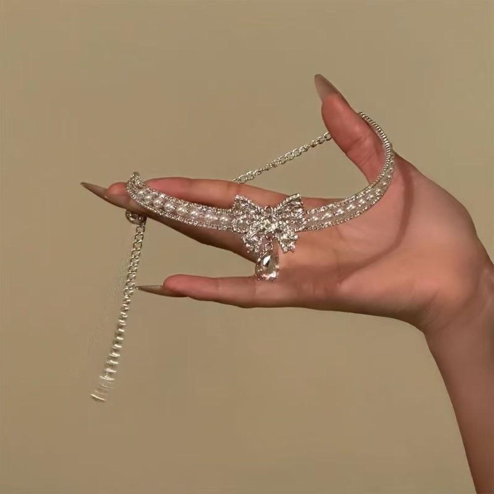 Collier avec Perles Nœud Argenté Pompon Bijou de Cou Brillant Perles Personnalisées Choker Strass pour Cadeau