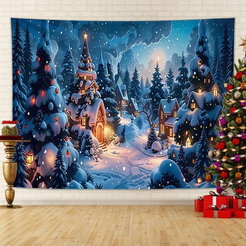 Fairy Tale Snow Village Christmas Tapestry, Enchanting Wall Art Background Cloth for Winter Living Room Decor