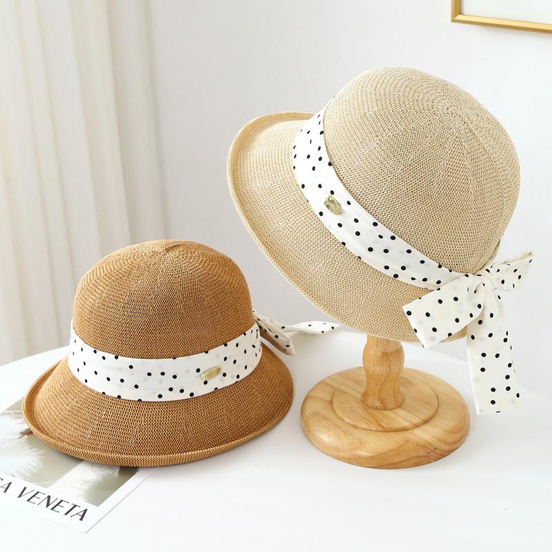 New polka bow summer straw hat adult women, makes face look smaller,-shading and-protective beach hat