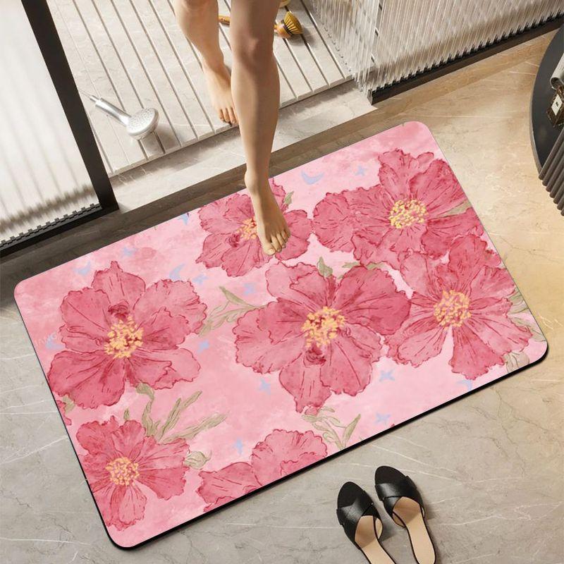 Vintage Floral Half-Circle Floor Mat Soft Diatom Mud Non-Slip Bathroom Rug Water Absorbent Shower Mat for Home Decor