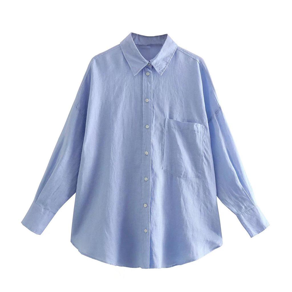 2023 Autumn New European & American Street Style Multi-color Long Sleeve Solid Linen Shirt with Pocket Detail