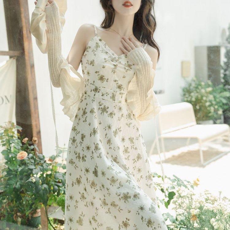 Elegant French Floral V-Neck Spaghetti Strap Dress Set – Fairy Forest Style