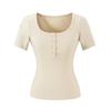 V-neck button-down short-sleeved T-shirt women's summer new American Spice Girl solid color slim-fit elastic crew neck bottoming top