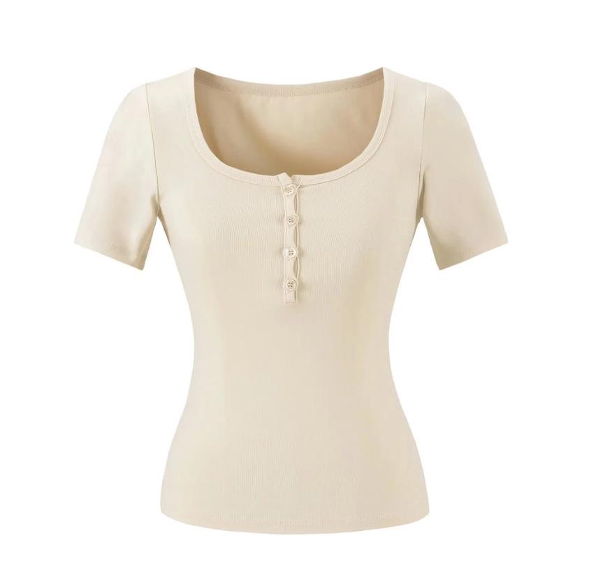 V-neck button-down short-sleeved T-shirt women's summer new American Spice Girl solid color slim-fit elastic crew neck bottoming top