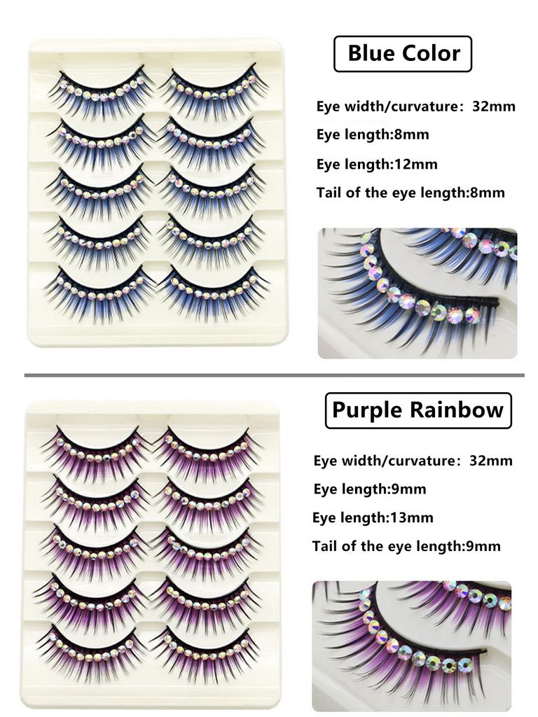 5 Pairs Glitter False Eyelashes with Rhinestones Colored Dramatic Lashes Hard Strip for Costume Photoshoot