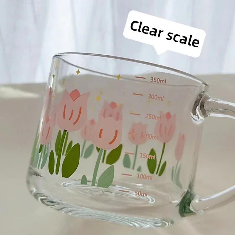 Glass Mug 350ml Cartoon Home Office Ins Coffee Cup with Straw Cup with Lid and Spoon High Temperature Roasted Flower Drink Cups