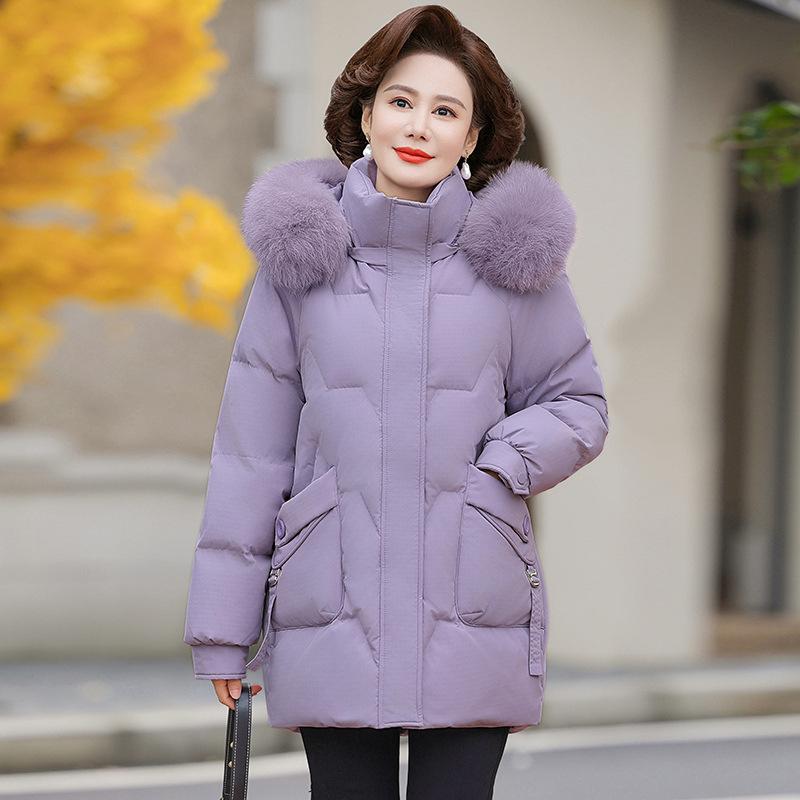 Authentic Mid-Length Women's Winter Down Jacket with Real Fur Collar for Middle-Aged and Elderly    