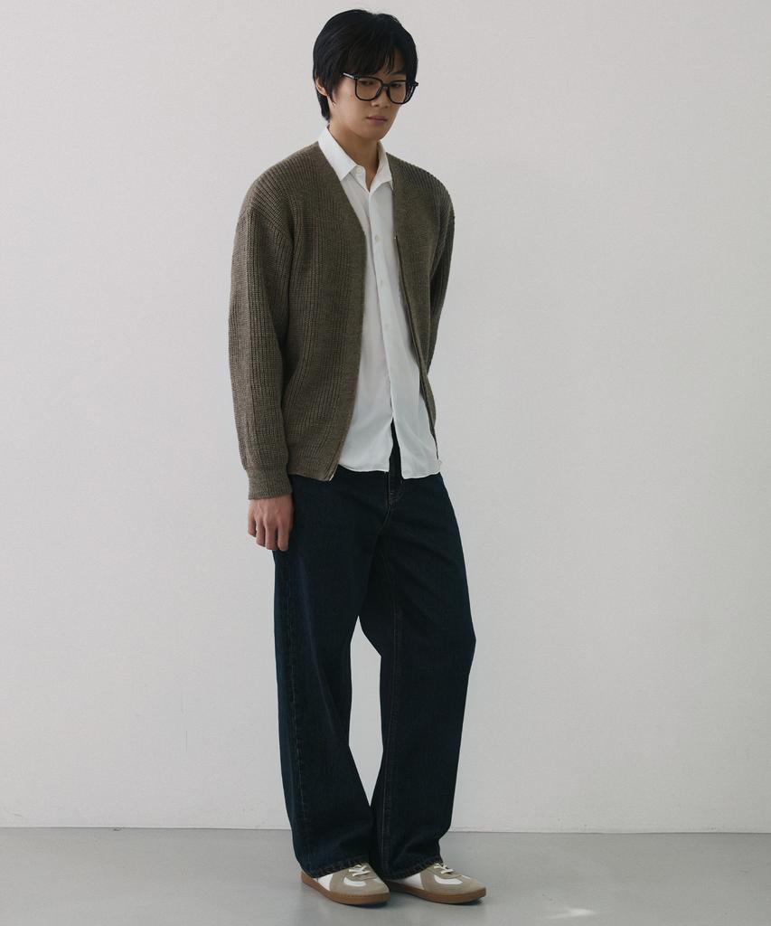 NODU Essential V-Neck Knit Zip-Up Cardigan [Dark Beige]