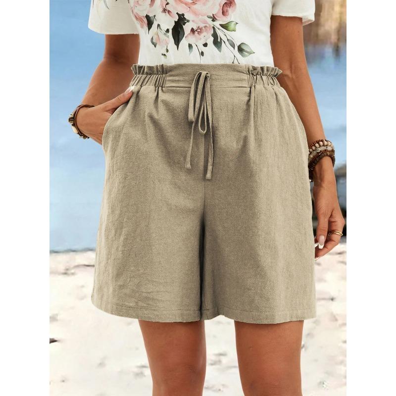 Women's Spring Summer Linen Solid Color Shorts Casual Sports Women's Shorts Three-quarter Pants with Drawstring Shorts