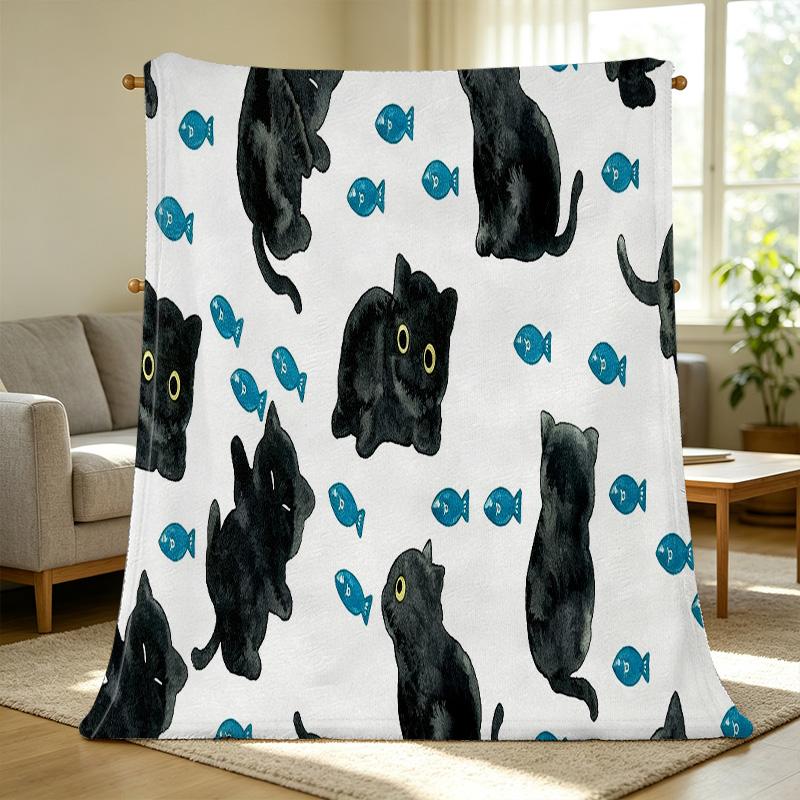 Hemmed Flannel Throw Blanket,Cute Black Cat & Fish Design, Soft Cozy Warm, Ideal for Bedroom Living Room Sofa, Christmas & Halloween Use