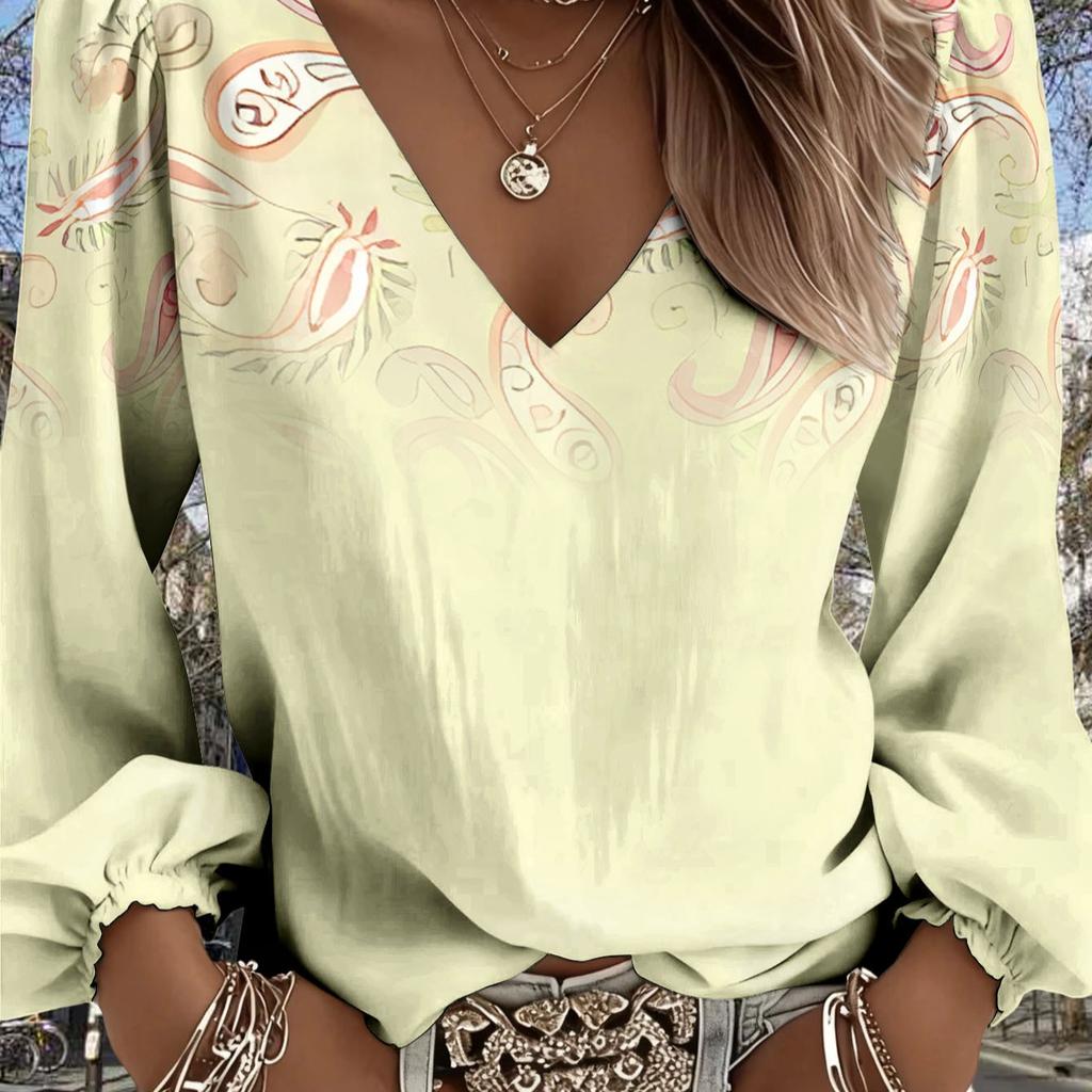 Damen Boho Retro Western Style Hemd - V-Ausschnitt Langarm Rüschen-Oberteil, geeignet für Freizeit-Outfits und Urlaubsbekleidung