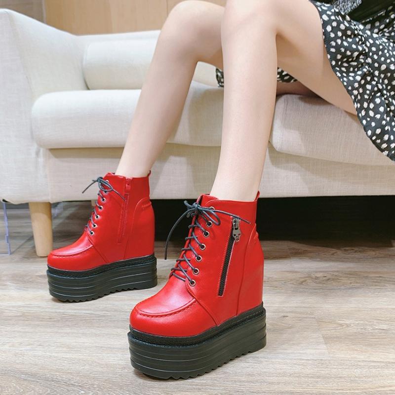 2025 New 12CM High Heel Platform Ankle Boots Women Genuine Leather Round Toe Creepers Thick Sole Oxfords Party Pumps Punk Goth