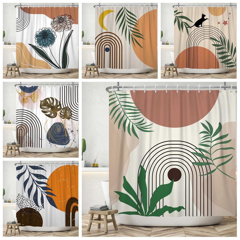 Nordic Wind Shower Curtain Abstract Aesthetic Arch Sun Leaf Modern Minimalist Bathroom Curtain Waterproof for Hotel Bathtub