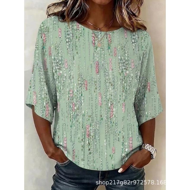 Xiyin's New Summer T-shirt Women's D-printed Retro Round Neck Loose Seven-quarter Sleeve T-shirt Top