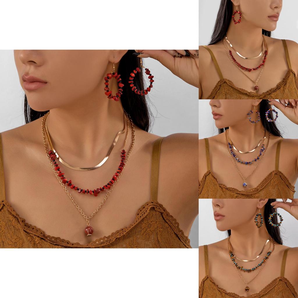 Unique Geometric Crushed Stone Collar Necklace And Drop Earrings Set For Women With Multilayer Style
