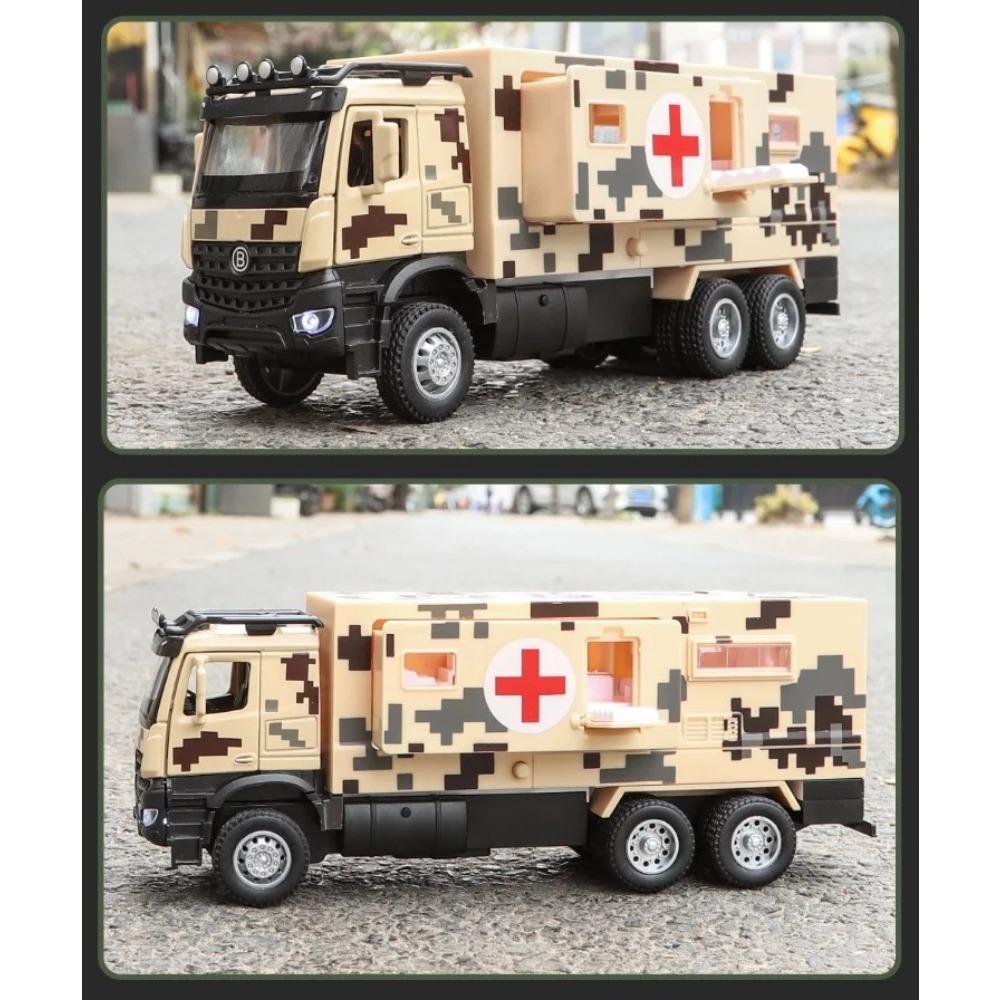 1/32 Injection Molding Military Multifunctional Vehicle Medical Sound and Light Mainan Pullback Car Boy Gift