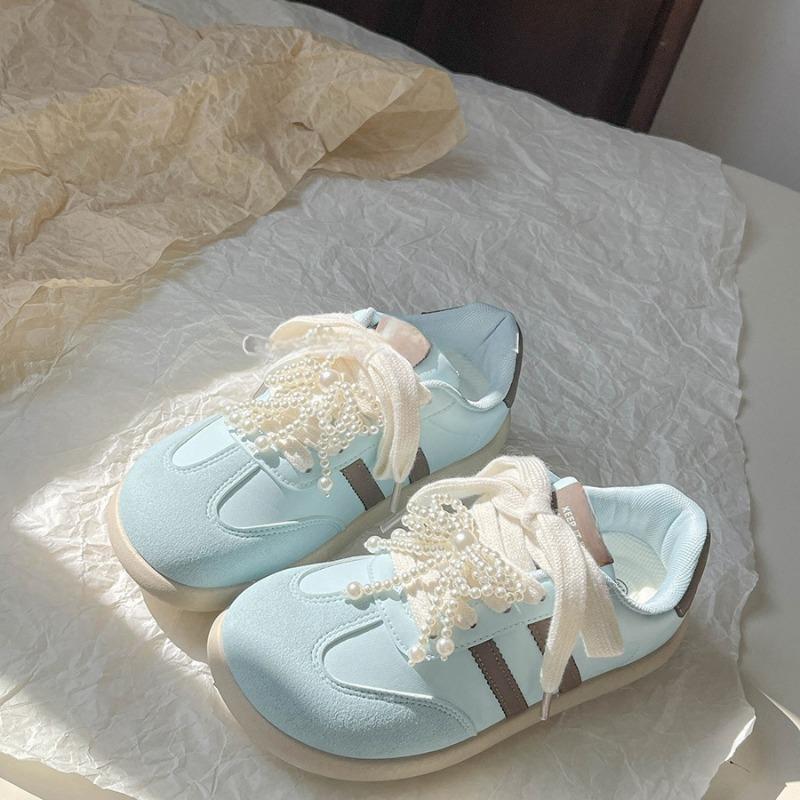 

Fashion Women s Cute Pearl Flat Shoes Designer Autumn New Lace-up Bow Casual Single Shoes Fashion Woman Charm Sneakers Zapatos De Mujer 35 синий