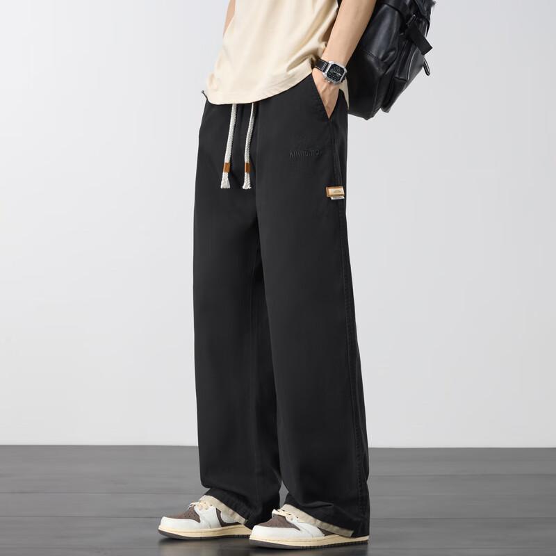 Homlean Men's Casual Cotton Straight-Leg Pants Autumn Winter Loose Wide-Leg Trousers Trendy Versatile HZ27 Black XL