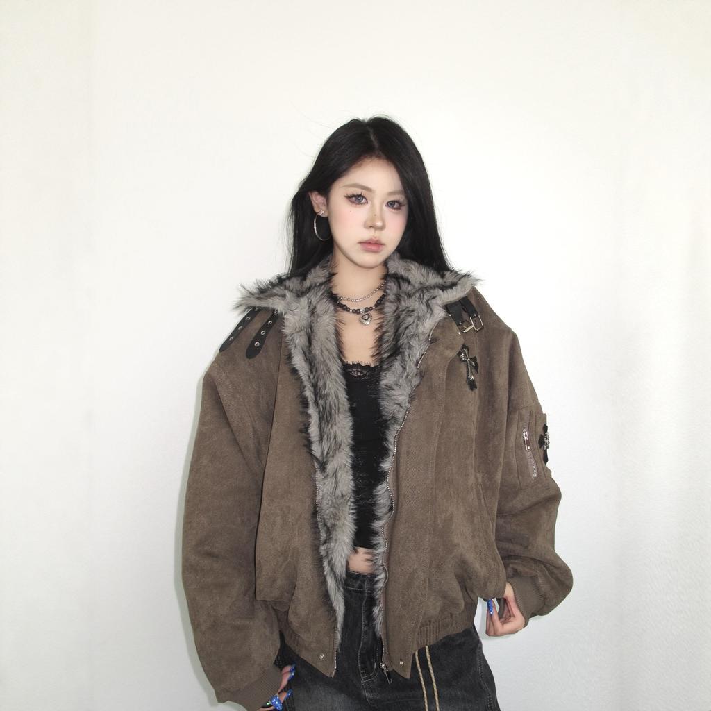 Winter Explosion Amerikanischer Retro Pelzkragen Baumwolljacke Herren- und Damen-Kreuz Verdickte gesteppte Jacke Baumwolljacke