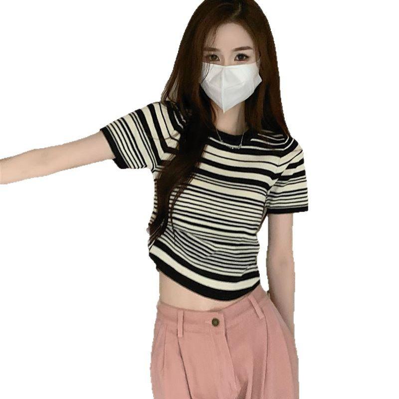 Niche unique striped crew neck short-sleeved T-shirt new Spice Girl sexy pure desire foreign style fashion top ins