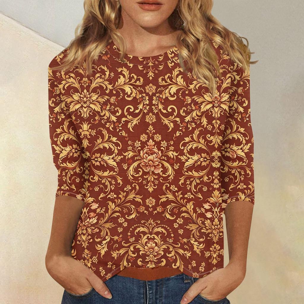 Women's Casual Three Quarter Sleeve Floral Print Crew Neck Top Relaxed Fit Lightweight Comfortable Blouse for Everyday Wear