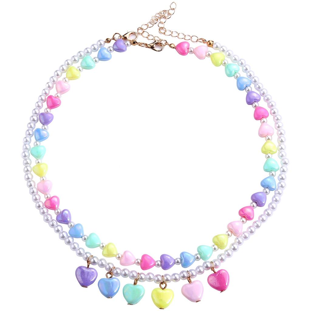 2pcs Pastel Heart Beaded Pearl Necklace Set – Kawaii Colorful Layered Choker for Girls, Cute Y2K Jewelry