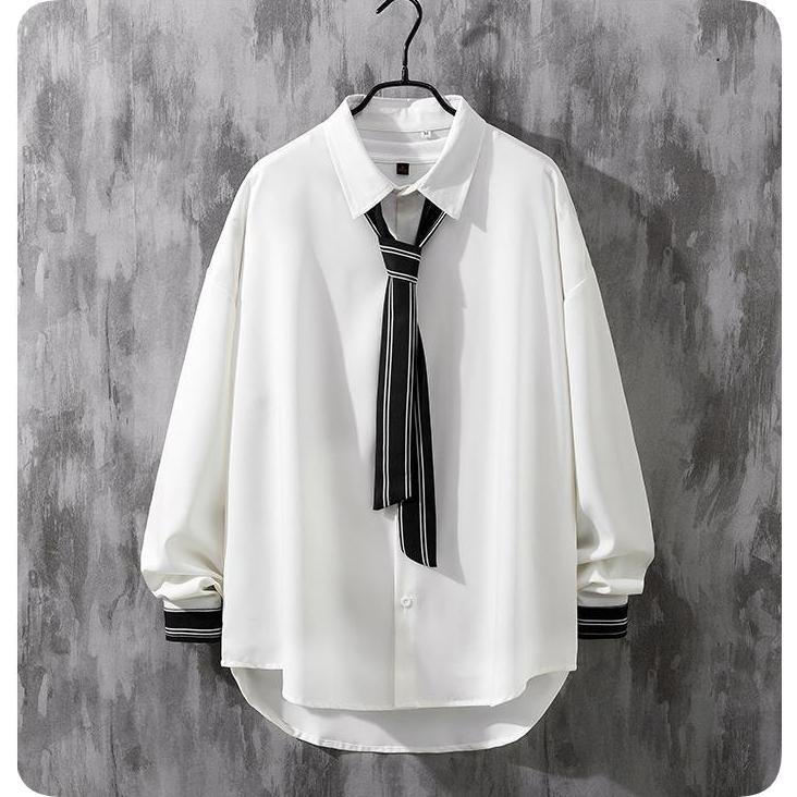 

Shirt Men s Long-sleeved Spring and Autumn Ruffian Handsome Uniform Niche Design Sense Thin Drape Loose Hair Stylist White Top 3XL білий