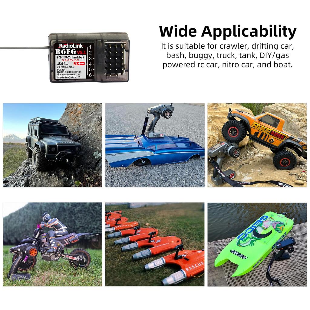 Radiolink R6FG FHSS 6CH Receiver with Gyro for RC Car Boat Compatible with RC4GS RC6GS 2.4GHz Built-in