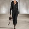 Spring European and American Temperament Slim V-neck Solid Color Elastic Hooded Casual Long Dress Women