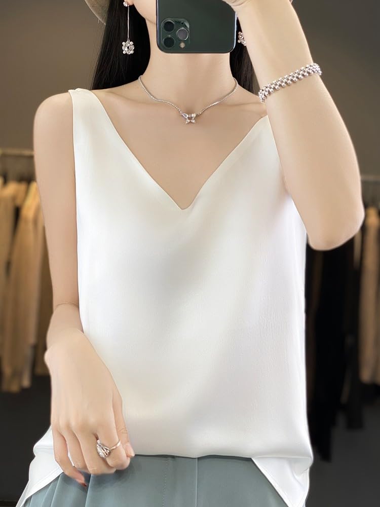 Niliv Simple Silk Tank Silk Solid Stretch Size Women's V-Neck Camisole, Underwear, Top, Pajamas, Sleepwear, Satin, Summer, Breathable, Color,