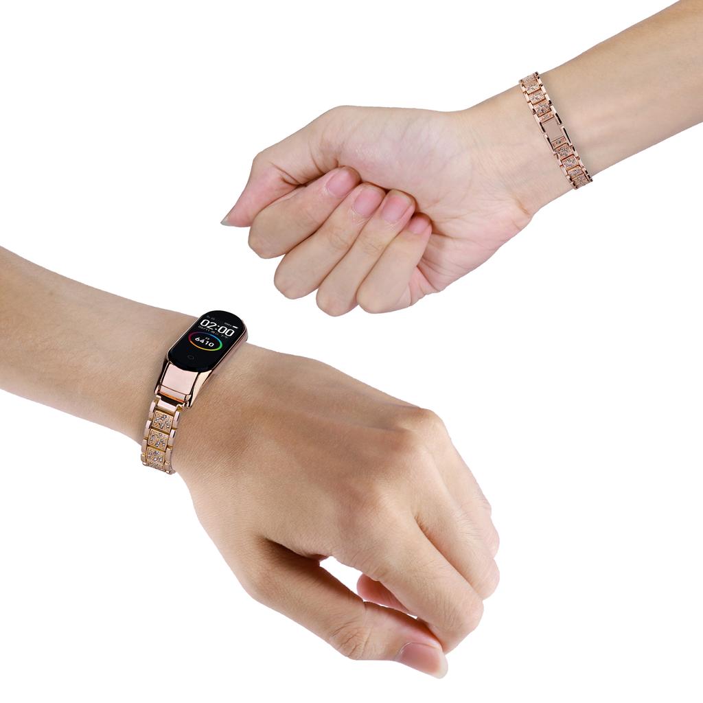 For Xiaomi Mi Band 5 6 Rhinestone Decor Smart Watch Band Three Bead Metal Wrist Strap