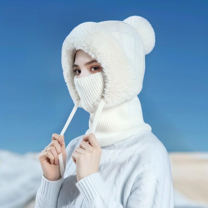 Womens Winter Knit Beanie With Integrated Neck Warmer Ear Protection Thick Fleece-Lined Foldable Cold Weather