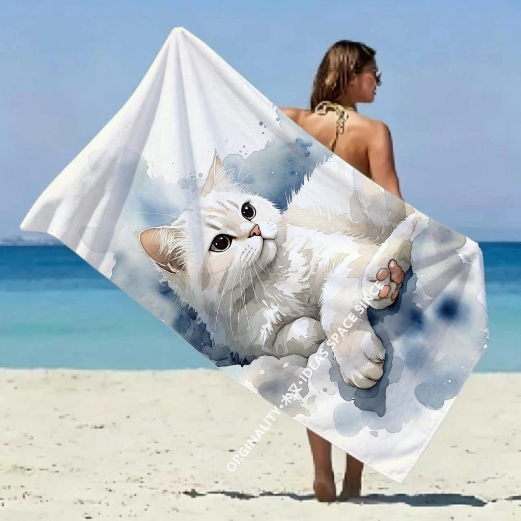 Watercolor Cute Cat Beach Towel Patterned Sunscreen And Windproof Suitable For Swimming Pool Camping Travel Blanket