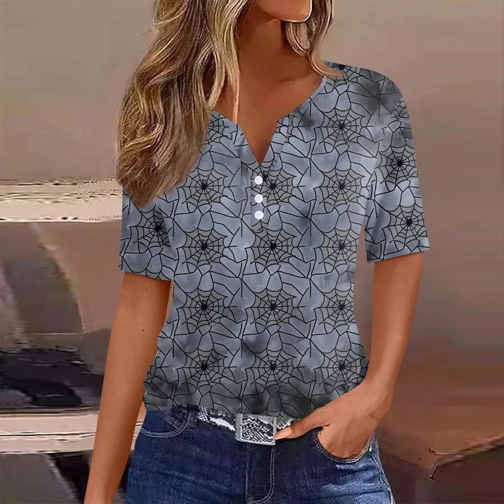 Women's T Shirt Tee Halloween Printed Button Short Sleeve Tunic Daily Weekend Fashion Basic V- Neck Regular Top