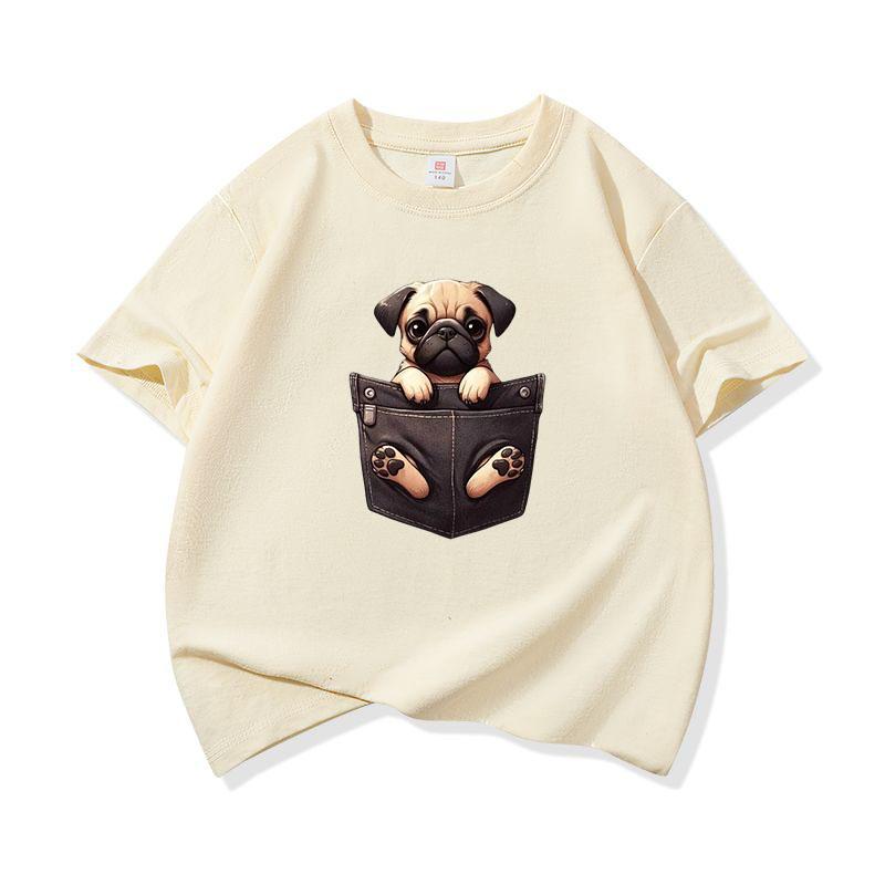 Kids Cotton T Shirt Cute Pocket Pug Puppy Dog Graphic Crew Neck Short Sleeve Tee Casual Breathable Boys Girls Summer Tops