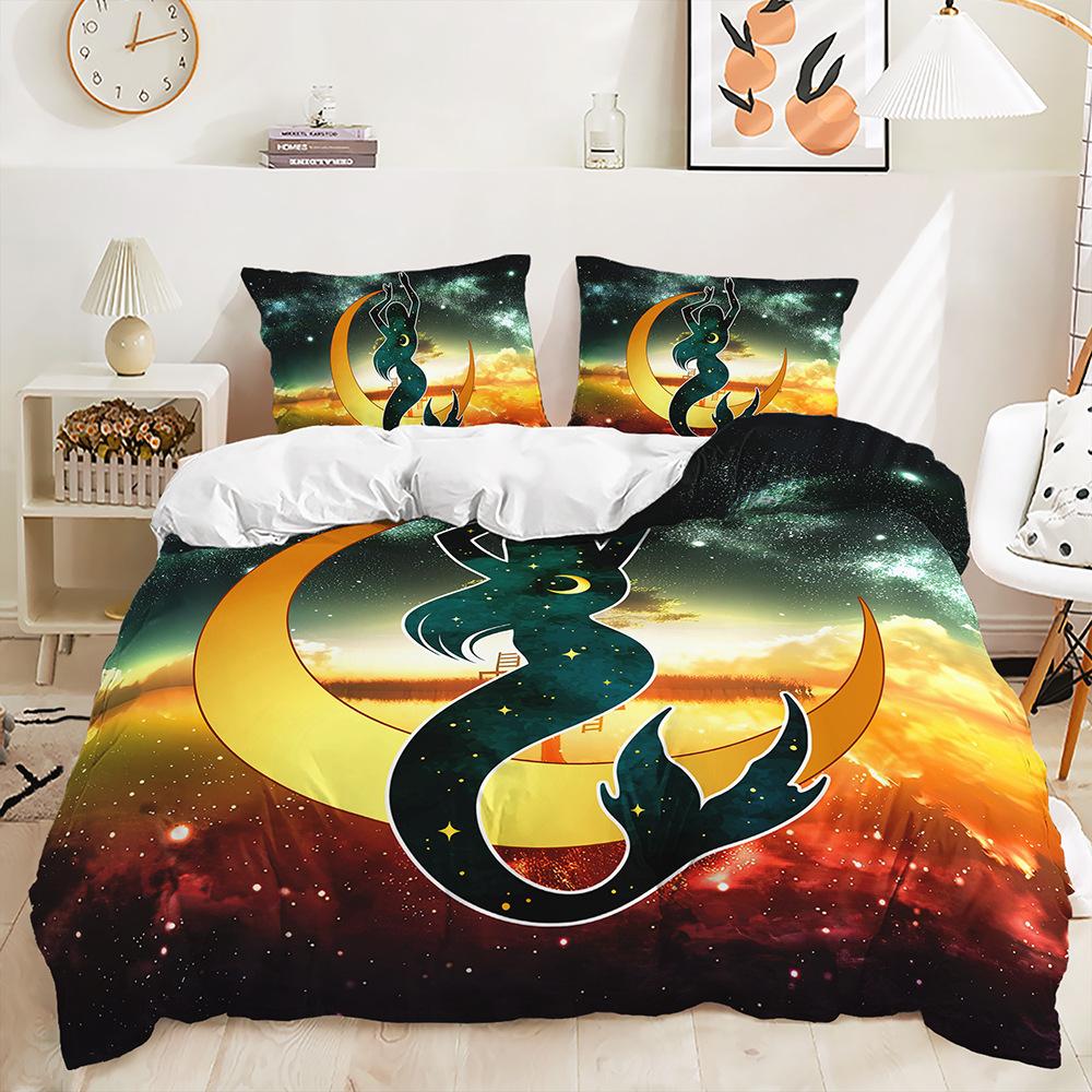 Three-Piece 3D Quilt Cover Digital Printing Mermaid Kit Double Bedding