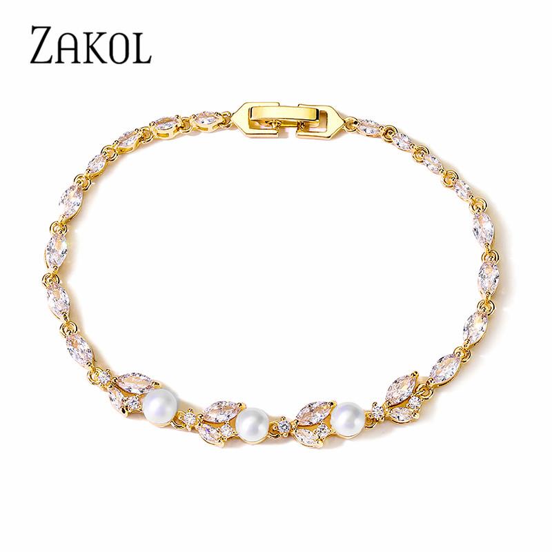 ZAKOL New Classic Leaf Zircon Imitation Pearl Charm Bracelets for Women Wedding Bride Bracelet Female Stylish Jewelry