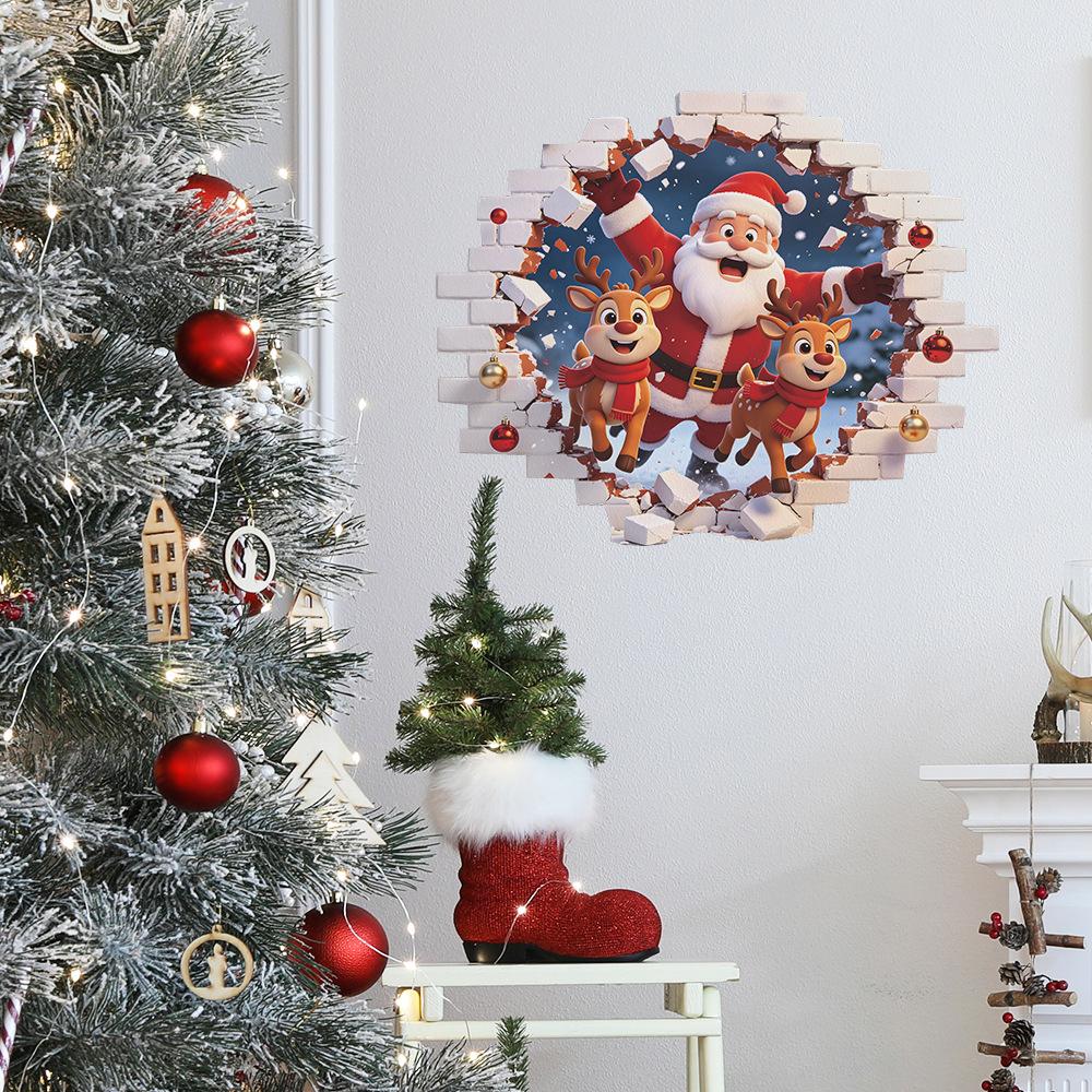 3D Wall Breaking Santa Claus Reindeer Wall Sticker Self Adhesive Living Room Bedroom Entryway Decor