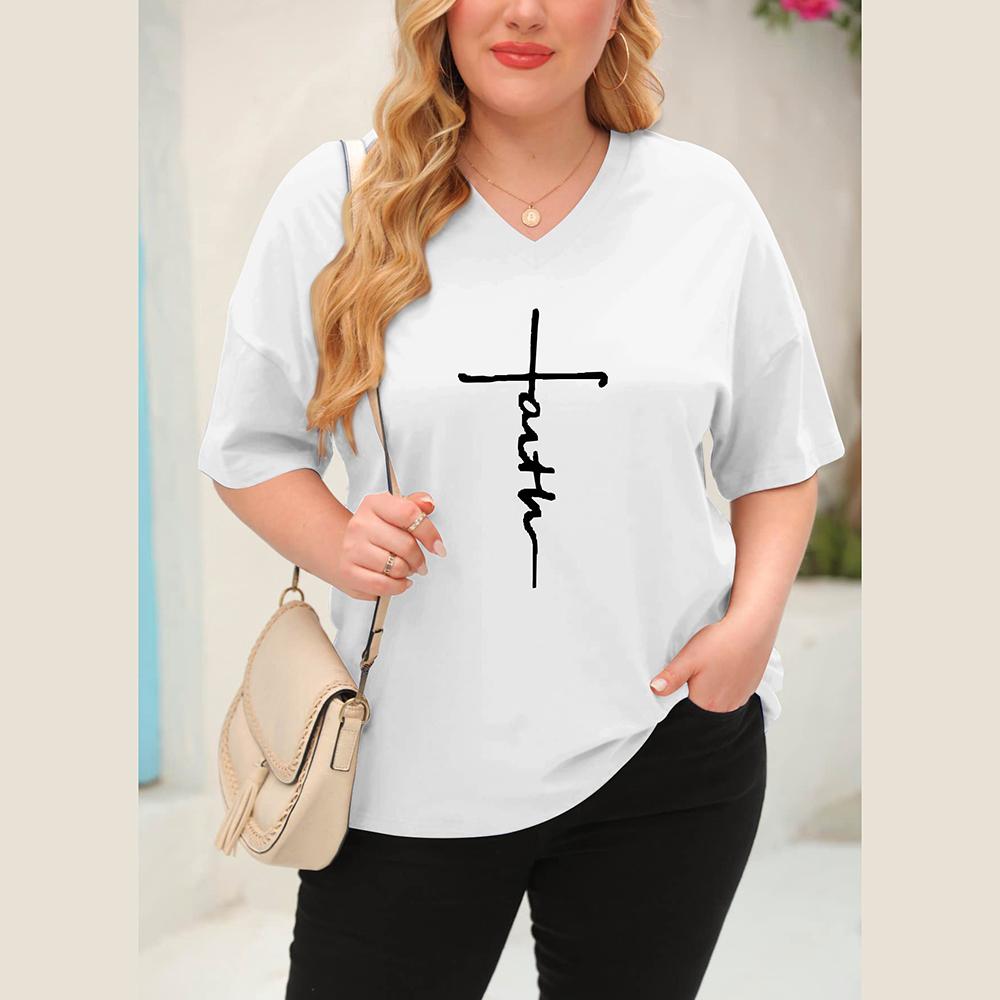 (XL~5XL) Женская однотонная свободная футболка с коротким рукавом с буквенным принтом — фото 7