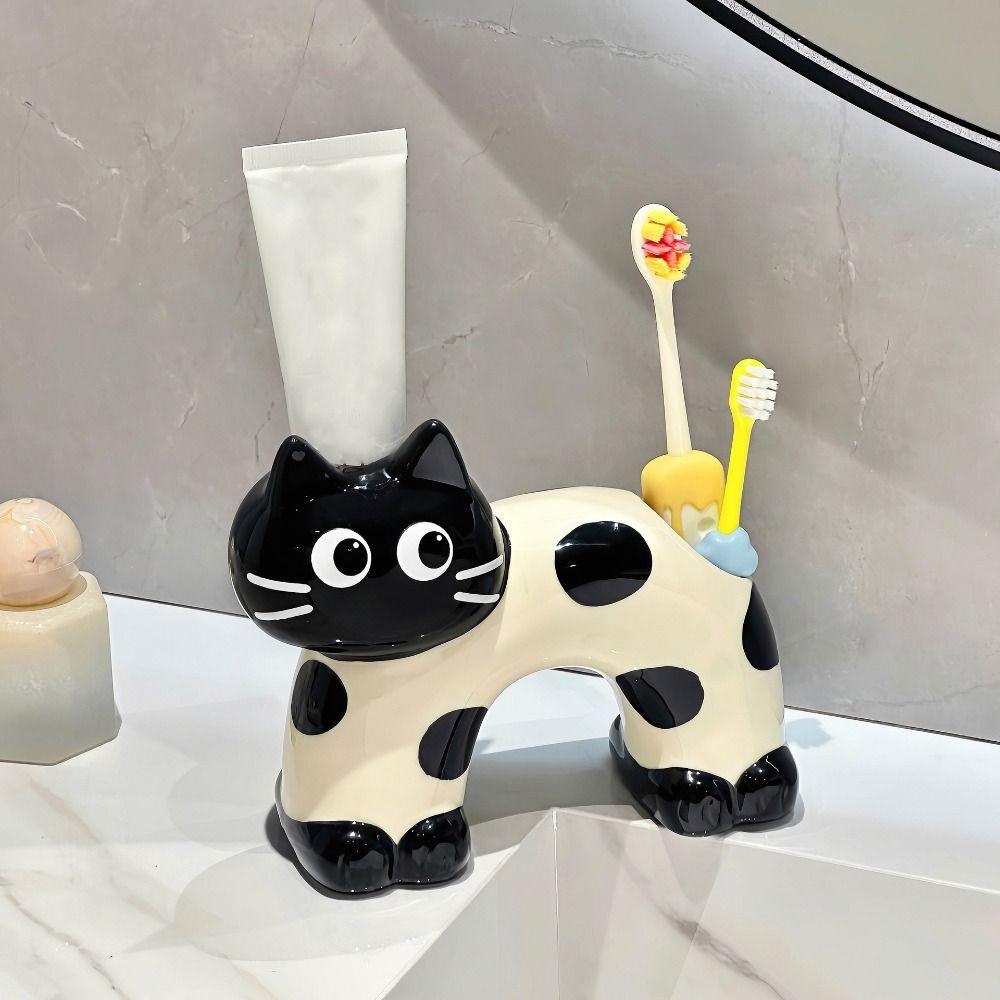 Ceramic Cat Toothbrush Holder Creative Cartoon Toothpaste Toothbrush Rack Waterproof Cute Makeup Brush Storage Shelf Home Decor