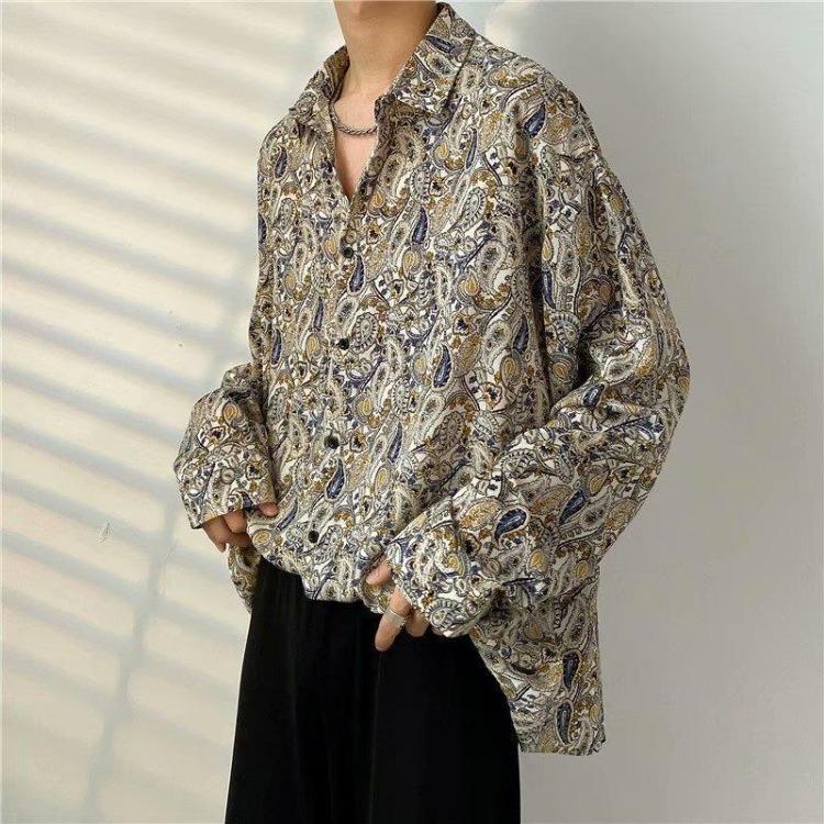 Retro Hong Kong Style Men's Floral Shirt Casual All-Match Jacket Japanese Korean Style Trendy Spring Autumn Fashion