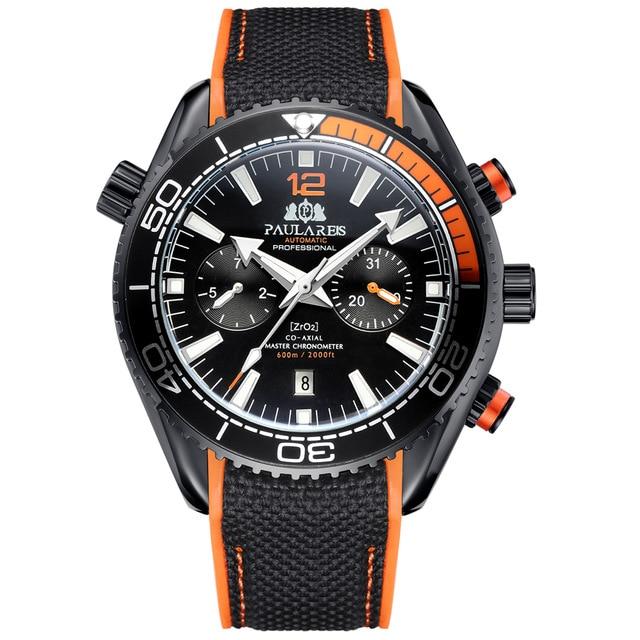 PAULAREIS Masculino Automático Auto Vento Mecânico Pulseira de Borracha de Lona Laranja Azul Vermelho Multifuncional Data Mês Relógio