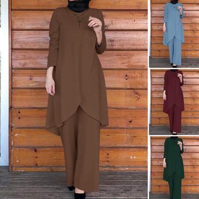 Women's Solid Color Irregular Hem Long Sleeve Tunic Top Elastic Waist Wide Leg Pants Muslim Two Piece Outfit Set