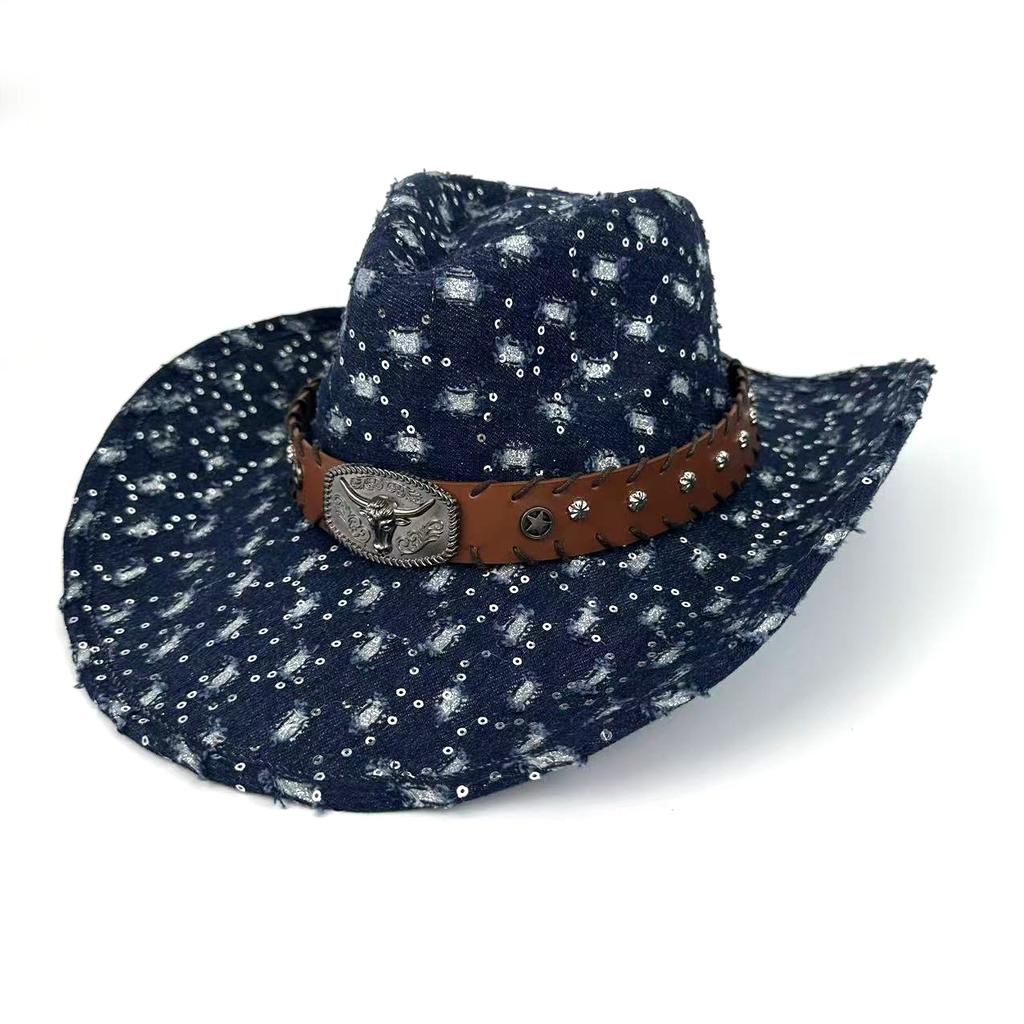 Fashion Denim Ripped Retro Western Denim Hat European And American Personalized Casual Jazz Hat Peach Heart Top Curved Brim Top Hat