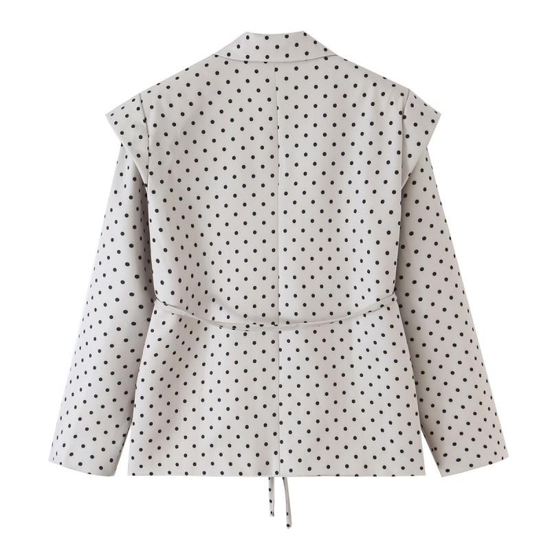 Womens Fall Winter French Polka Dot V Neck Blazer Wide Leg Pants Set OL Commute Casual Outfit
