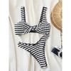 Gestreifter Knitter-Bikini mit hohem Beinausschnitt für Damen Bademode Damen Badeanzug Zweiteiliges Bikini-Set Badesachen Badeanzug Schwimmen